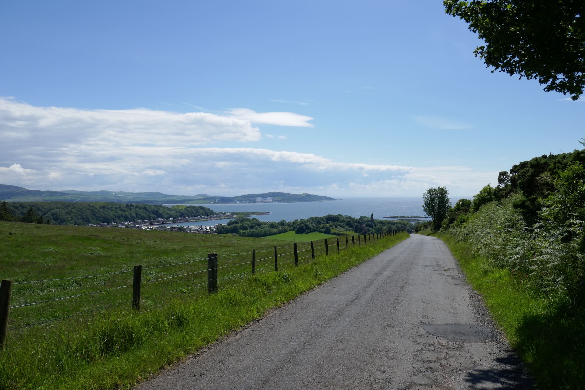Single track road rising above Millport, Isle of Cumbrae