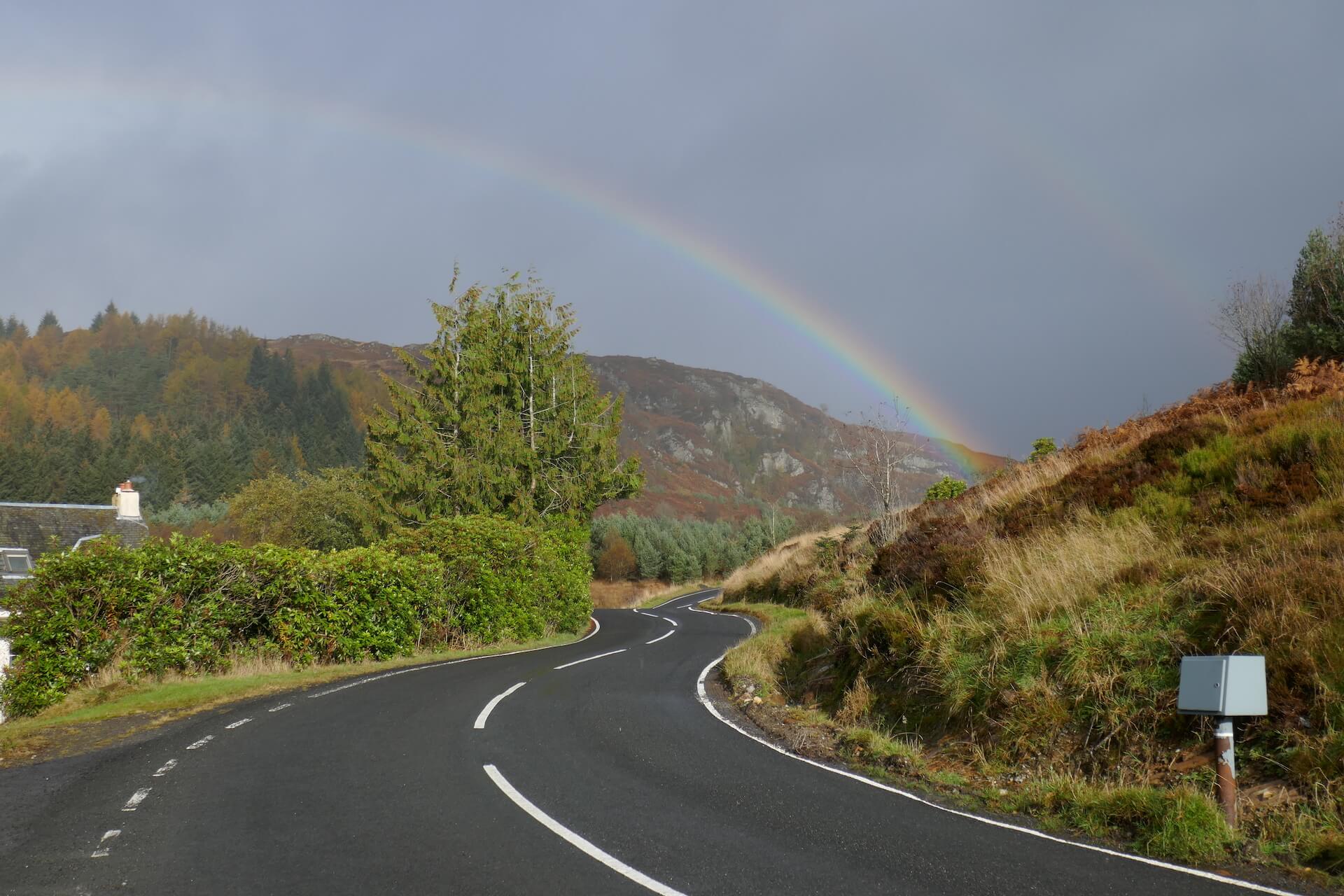 A rainbow appears above the Duke's Pass, between Aberfoyle and Callander